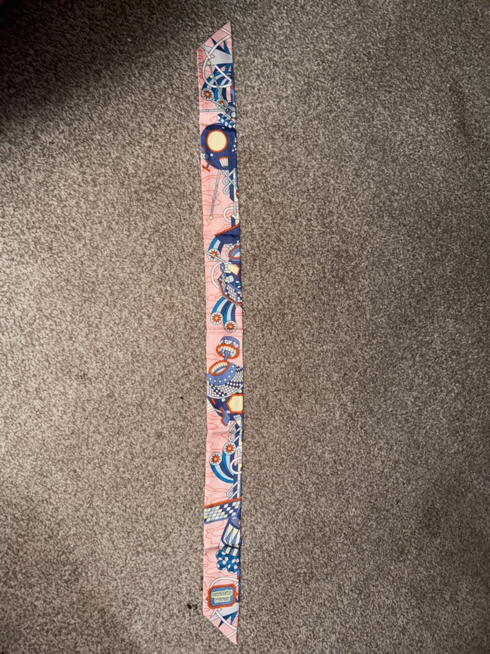 Hermes Pink and Navy Printed Silk Twilly